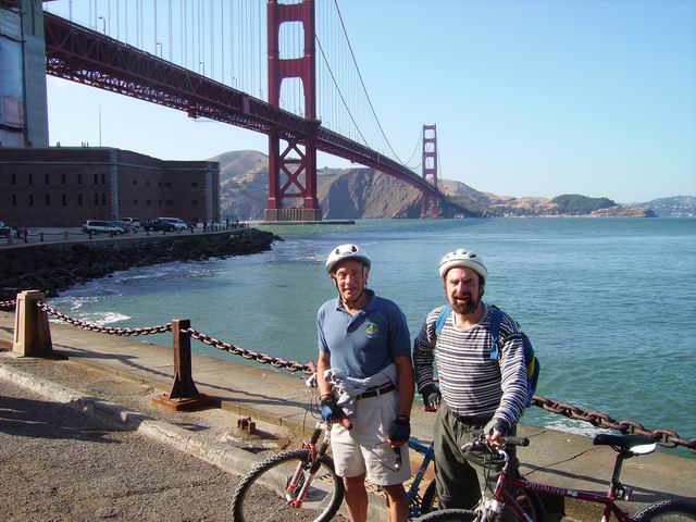 Victor Scheinman and
Harvey Cohen on bikes near the Golden Gate Bridge